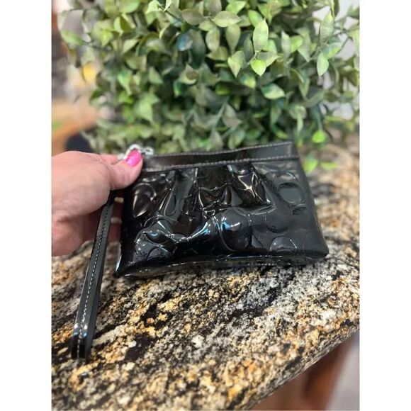 Coach small wide bottom black monogram wristlet gathered front design 7x4x2 - Picture 3 of 5